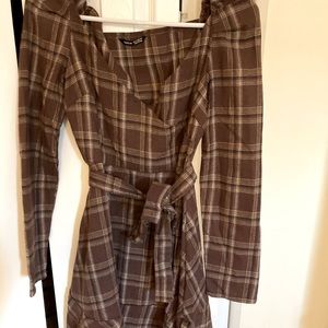 Brown plaid dress with belt